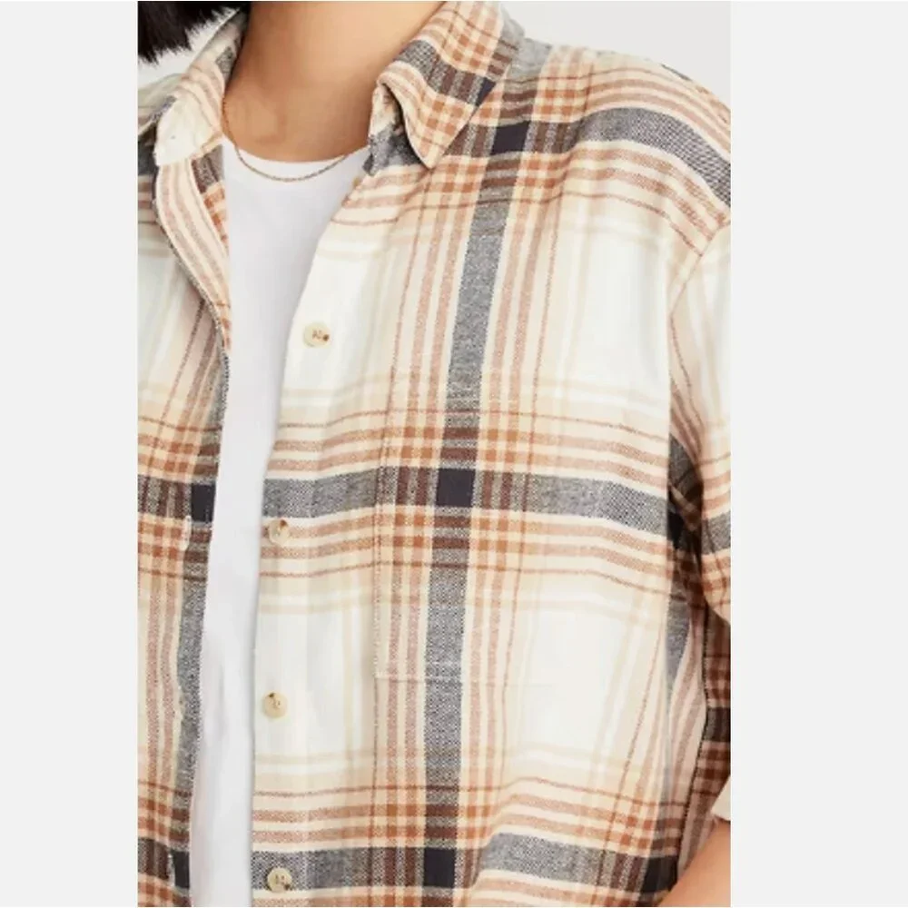 OLD NAVY - Relaxed Fit Boyfriend Shirt Flannel Tan Brown Size Large NWOT - Picture 4 of 6